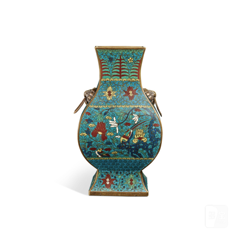 A cloisonné enamel 'bird and flower' vase, fanghu, Qing dynasty, 19th century | 清十九世紀 銅胎掐絲琺瑯花鳥紋方壺 - 图3